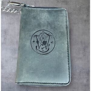 Smith & Wesson Leather Chain Wallet Black Zip Around Biker Trucker Snap Pocket